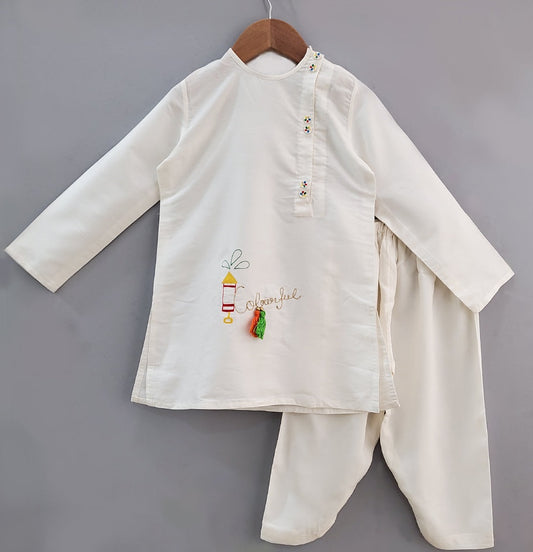 White Holi/Dhoon Boy Set With Colourful Embroidery With Salwar Pant