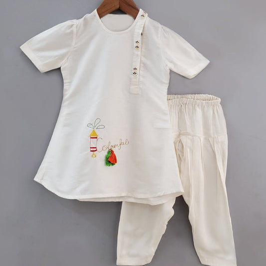 White Holi/Dhoon Girl Set With Colourful Embroidery With Salwar Pant