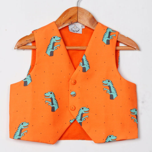 Orange Dinosaur Printed Waist Coat