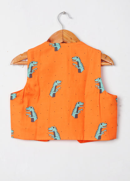 Orange Dinosaur Printed Waist Coat