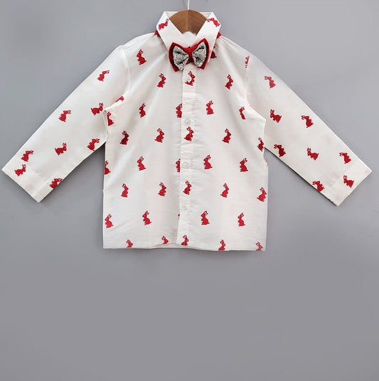 White Bunny Print Shirt With Bow Tie