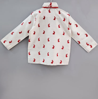 White Bunny Print Shirt With Bow Tie