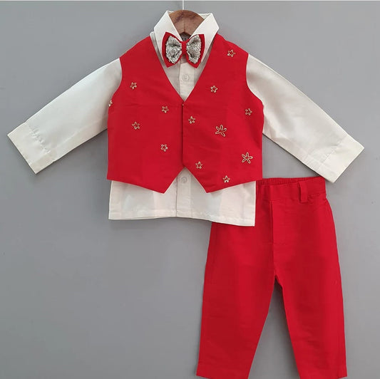 White Shirt/Red Pant/Red Half Jacket With Star Hand Embroidery Tie Set