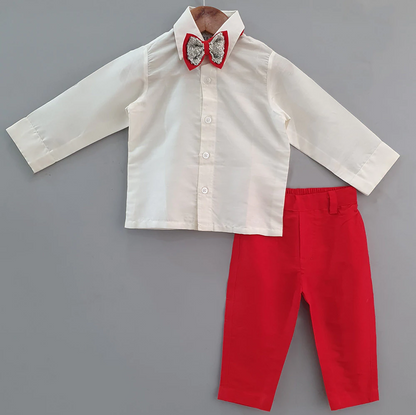 White Shirt/Red Pant/Red Half Jacket With Star Hand Embroidery Tie Set