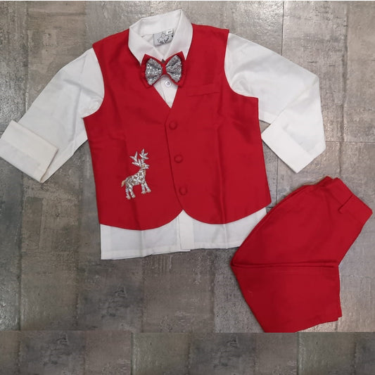 White Shirt/Red Pant/Red Half Jacket With Raindeer Embroidery/Bow Set