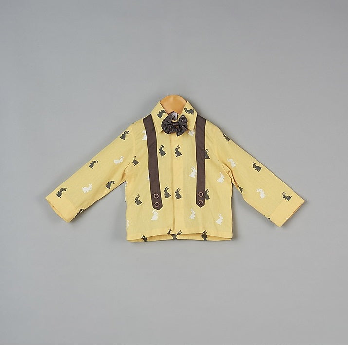 Bunny Print Yellow Shirt  With Grey Pant And Bow Set