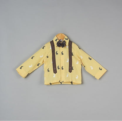 Bunny Print Yellow Shirt  With Grey Pant And Bow Set