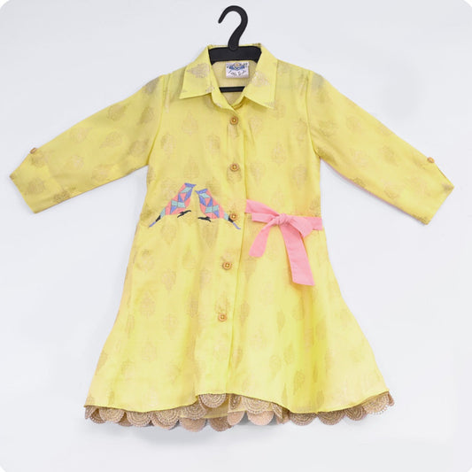 Yellow Foil Print Dress With Bird Embrodiery/Belt