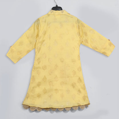 Yellow Foil Print Dress With Bird Embrodiery/Belt