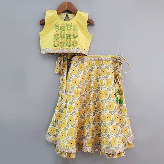 Yellow Embroidered Blouse With Floral Printed Ghagara