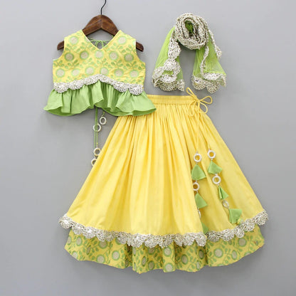 Yellow And Green Heavy Embroidered Blouse And Ghagara Set