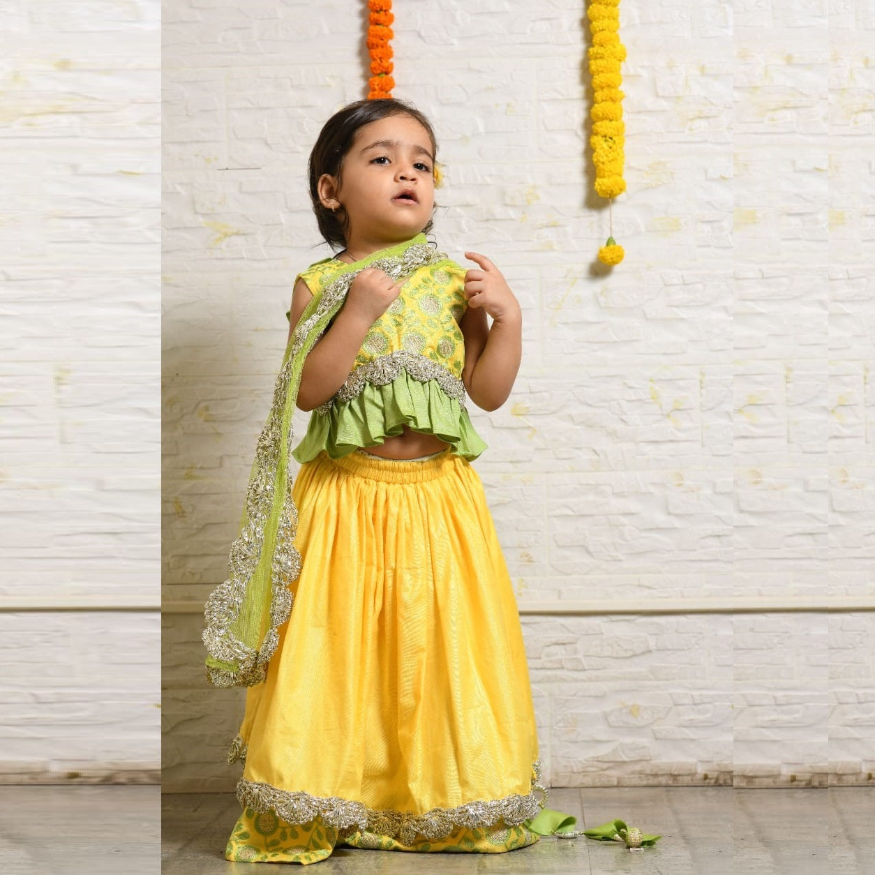 Yellow And Green Heavy Embroidered Blouse And Ghagara Set