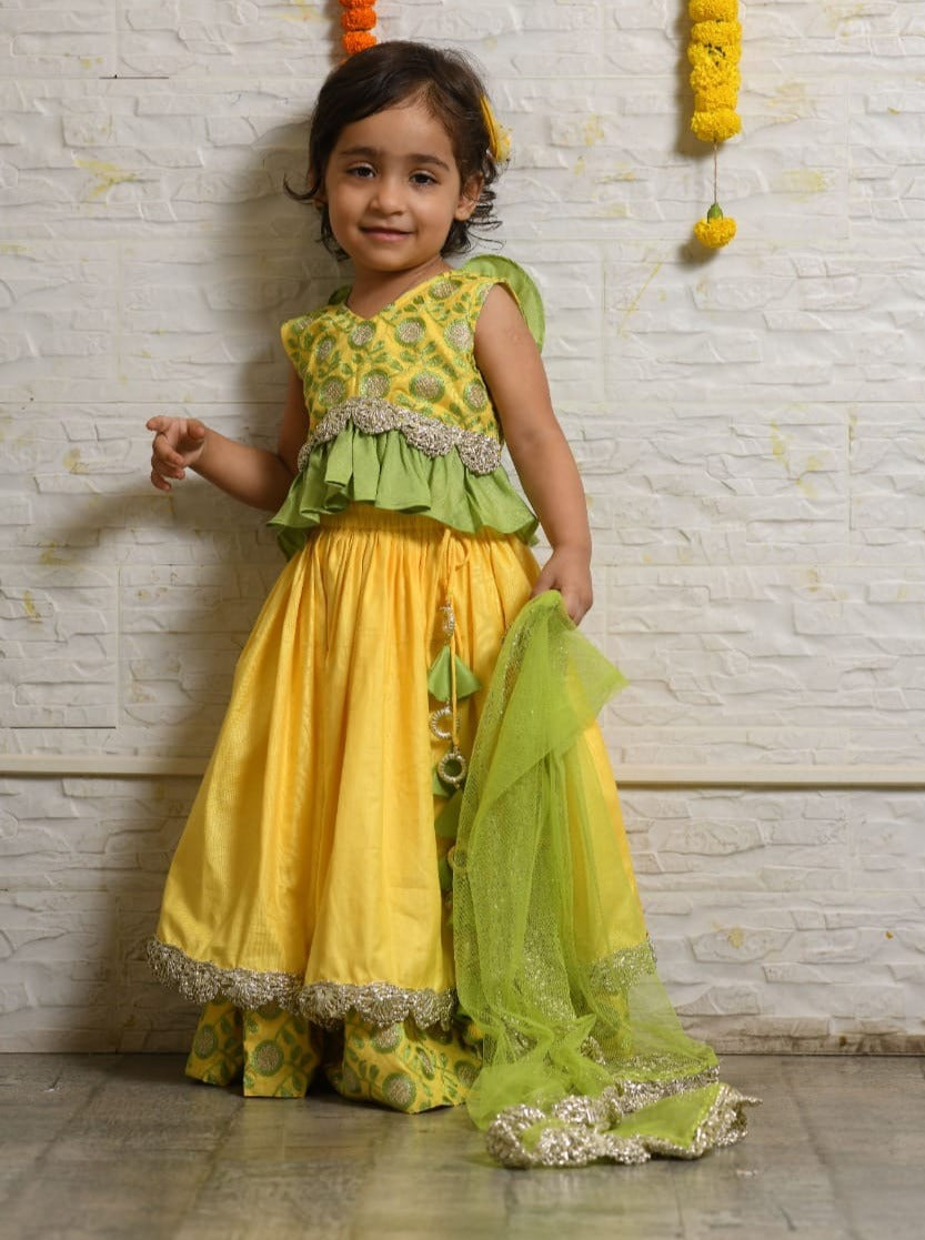 Yellow And Green Heavy Embroidered Blouse And Ghagara Set