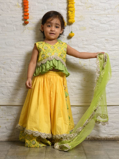 Yellow And Green Heavy Embroidered Blouse And Ghagara Set