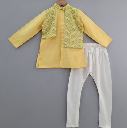 Yellow And Green Heavy Embroiderey Attached Jacket Kurta Set