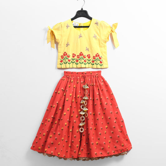 Yellow/Red Embroidered Blouse With Printed Ghagara