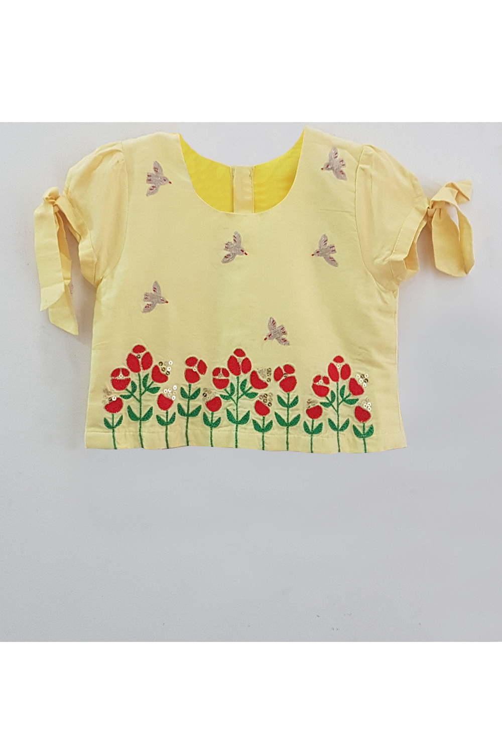 Yellow/Red Embroidered Blouse With Printed Ghagara