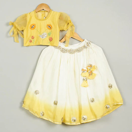 Yellow Shaded Ghagara With  Embroidered Blouse Set