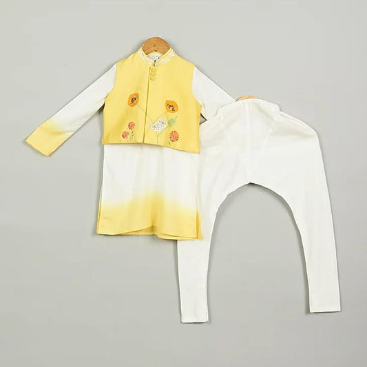 Yellow Shaded Kurta With Embroidered Jacket Set