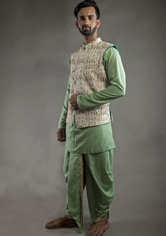 Olive Green Dhoti Kurta With Printed Jacket Set