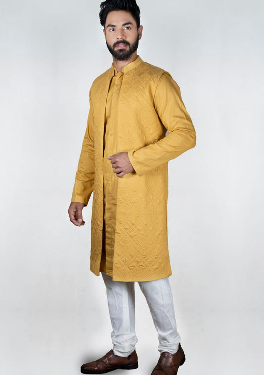 Mustard Quilt Long Open Jacket Kurta Set