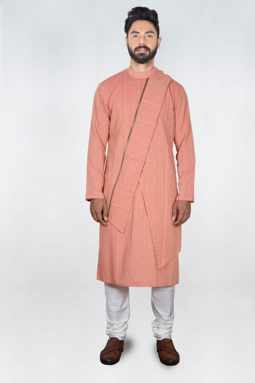 Deep Peach Self Design Stylish Asytmmatrical  Kurta Set