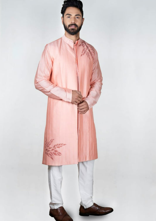 Pink Pintux Kurta With Applique Long Open Jacket Set