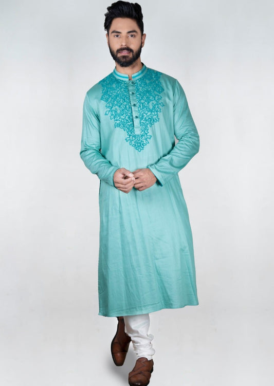 Deep Aqua Blue Knot Hand Embroidered Kurta Set