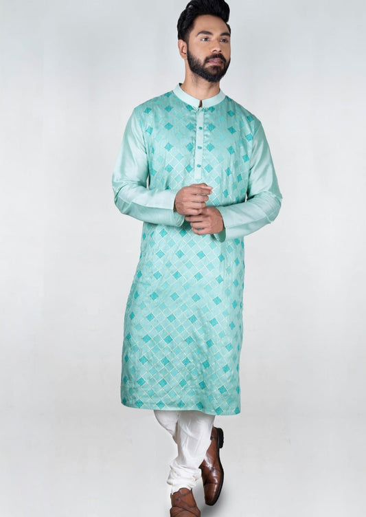 Light Aqua Blue Heavy Katha Embroidered Zal Kurta Set