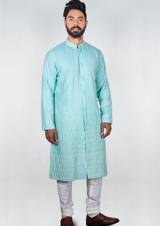 Light Blue Front Open With Cord Embroidered Kurta Set