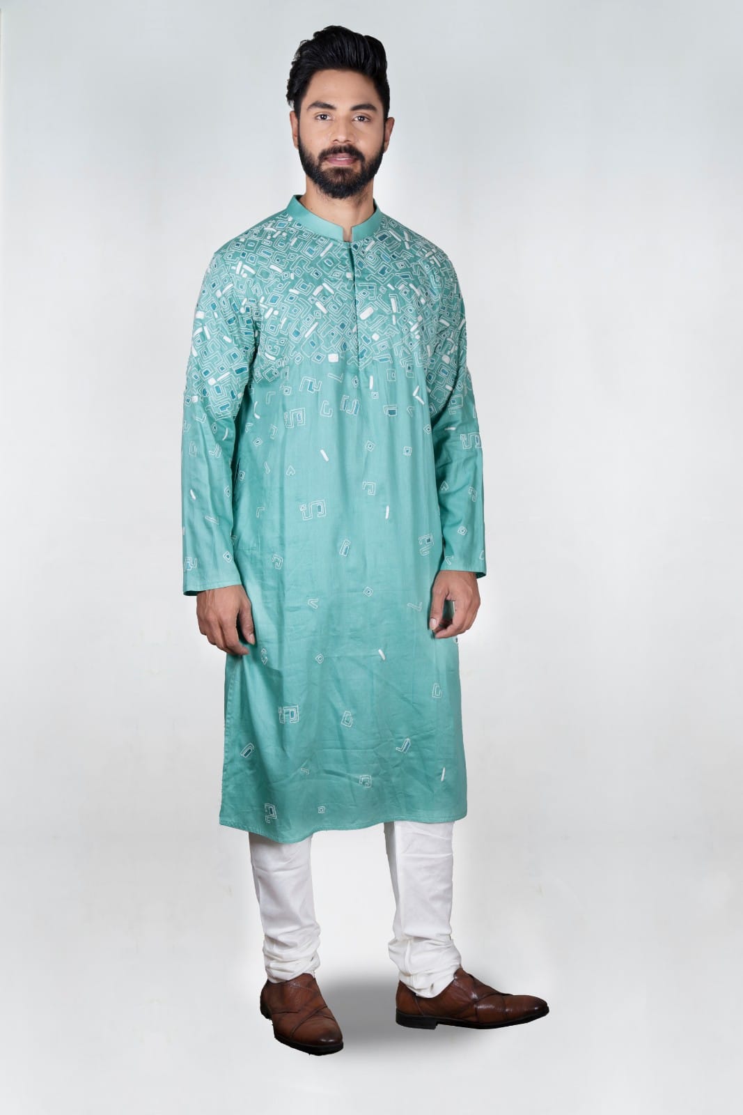 Dark Aqua Blue Gemotrical Cord Embroidered Kurta Set