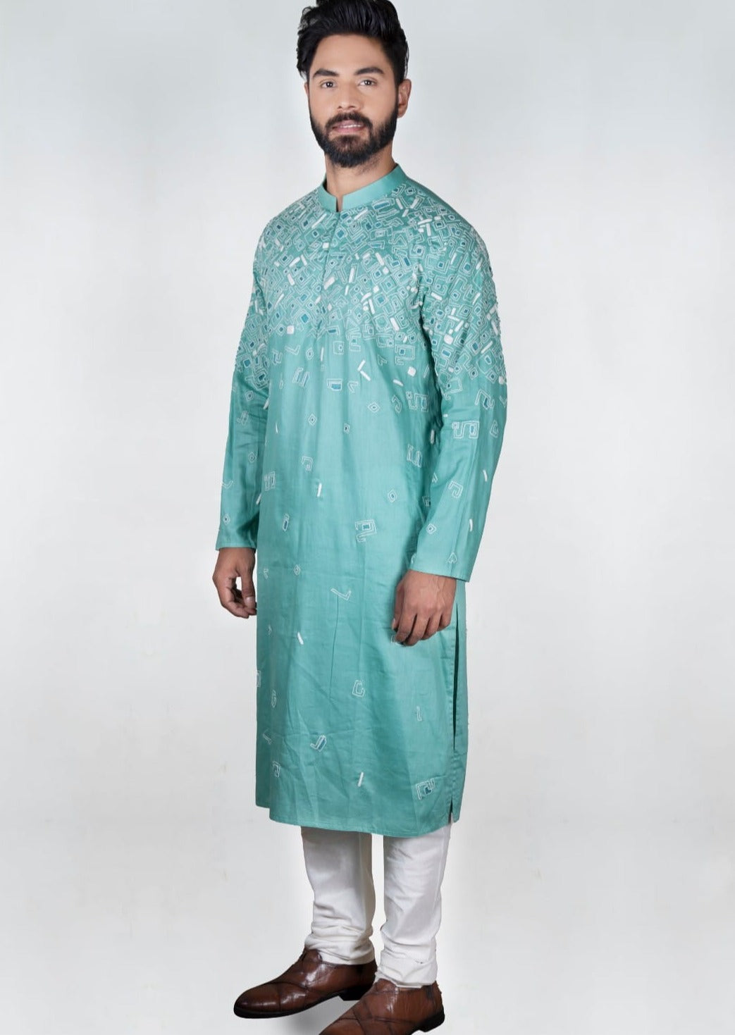 Dark Aqua Blue Gemotrical Cord Embroidered Kurta Set