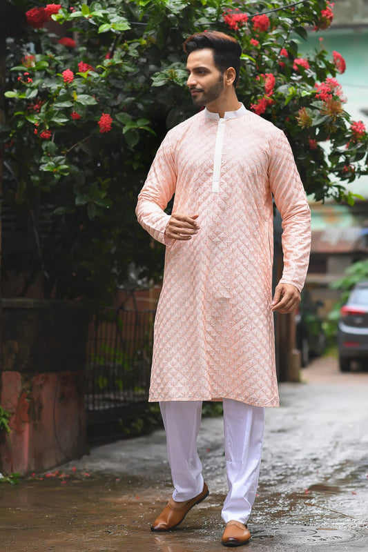 Peach Geomertical Shape Embroidered All Over Kurta Set