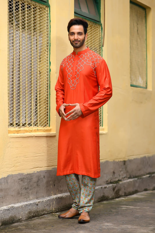 Rust Knot Hand Embroidered On The Yoke Kurta Set