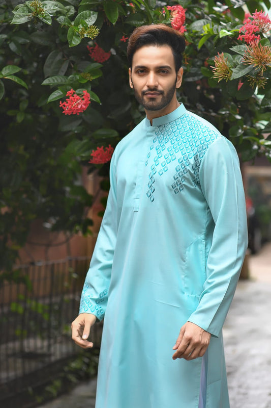 Aqua Blue Gemetrical Embroidered With Pleating Kurta Set