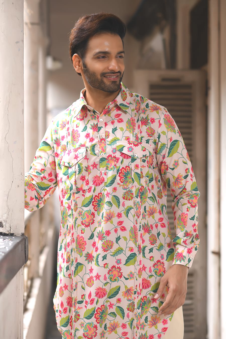 Floral Printed Pathani With Pleating Kurta With Pant Set