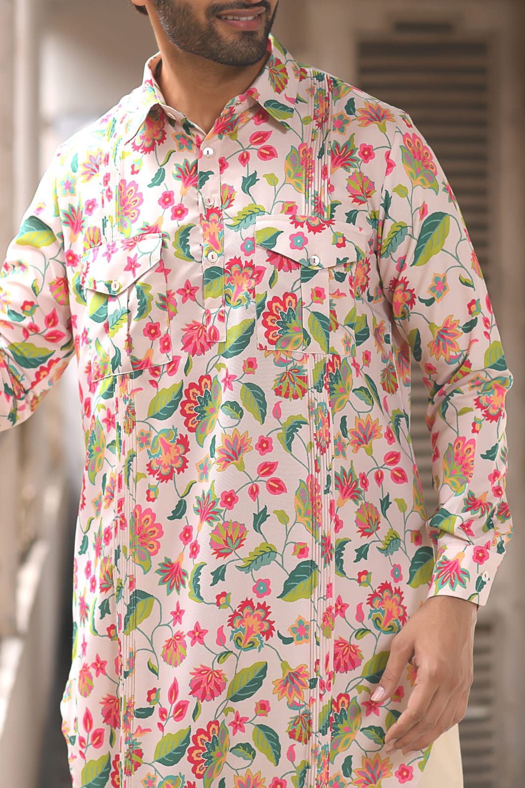 Floral Printed Pathani With Pleating Kurta With Pant Set