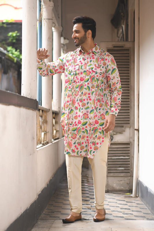 Floral Printed Pathani With Pleating Kurta With Pant Set