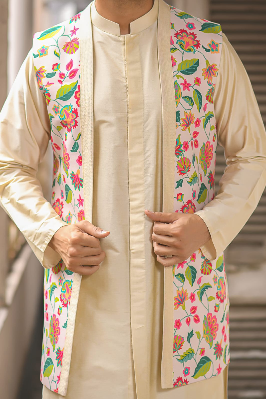 Light Beidge Kurta With Floral Long Open Printed Jacket Set  With Pleating Kurta Set