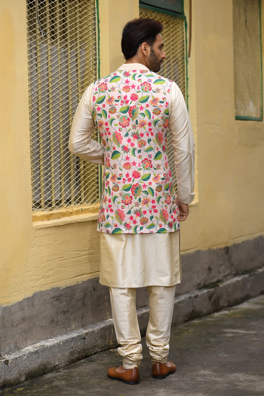 Light Beidge Kurta With Floral Long Open Printed Jacket Set  With Pleating Kurta Set