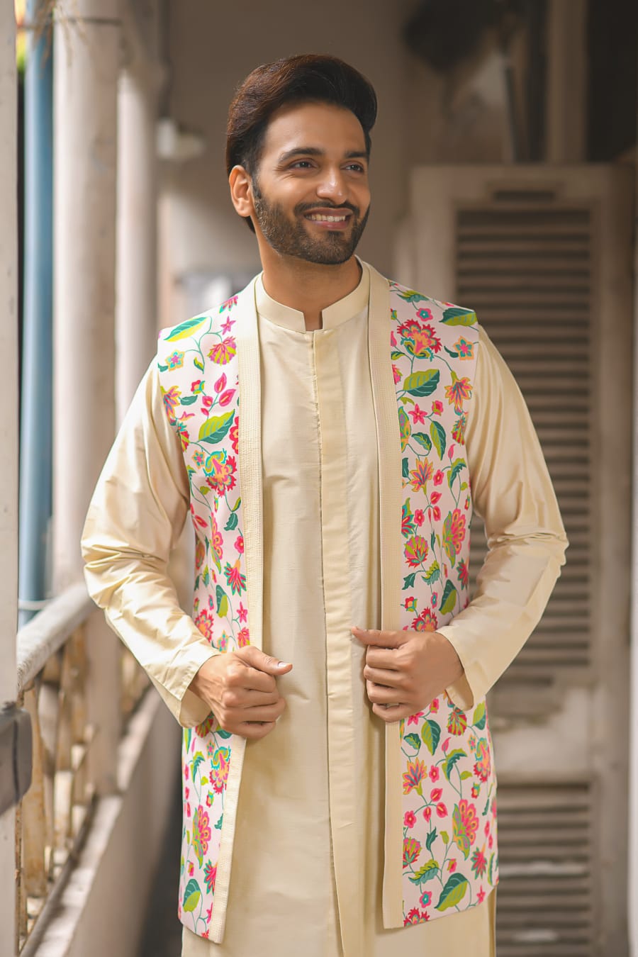 Light Beidge Kurta With Floral Long Open Printed Jacket Set  With Pleating Kurta Set