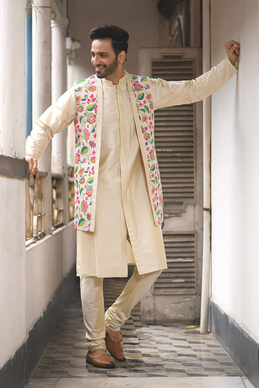 Light Beidge Kurta With Floral Long Open Printed Jacket Set  With Pleating Kurta Set
