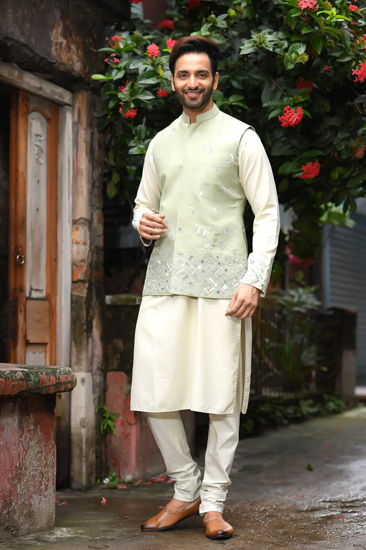 Powder Green Gemotrical Cord Embroidered Kurta And Bundi Set