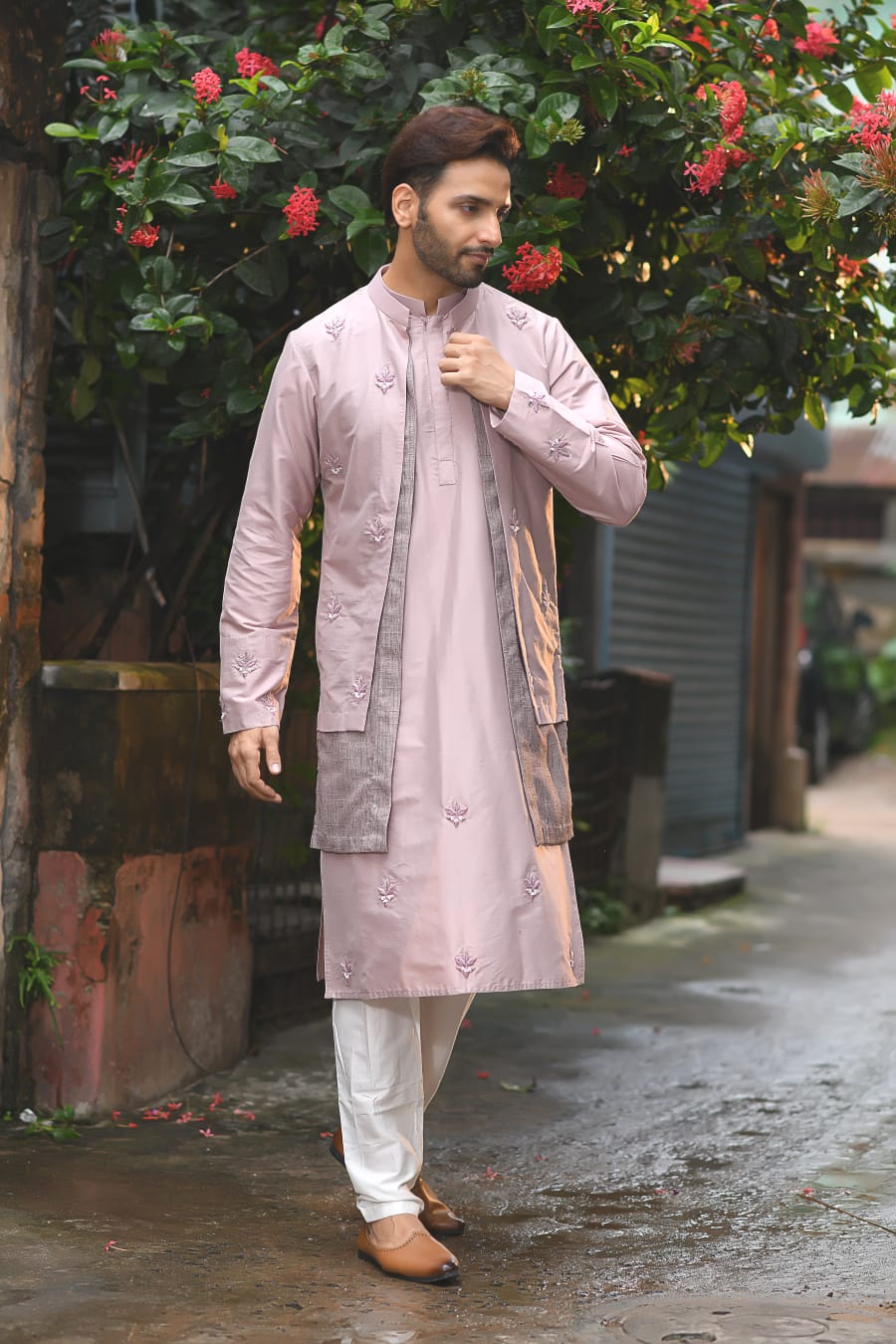 Mauvish Hand Embroidery Stylish Double Layer Kurta With Full Open Jacket Set