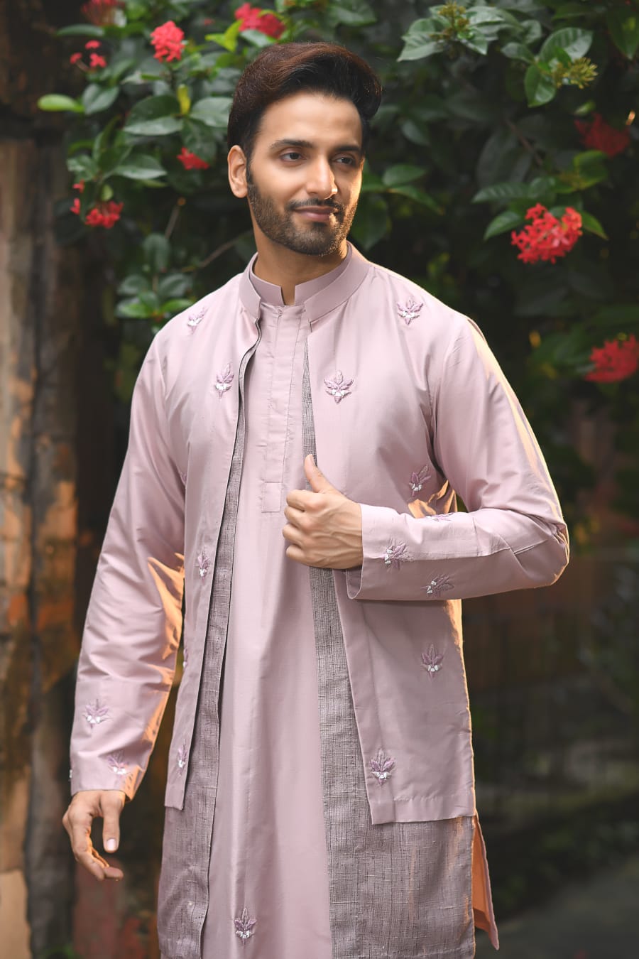 Mauvish Hand Embroidery Stylish Double Layer Kurta With Full Open Jacket Set