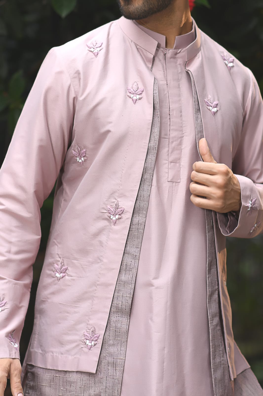 Mauvish Hand Embroidery Stylish Double Layer Kurta With Full Open Jacket Set