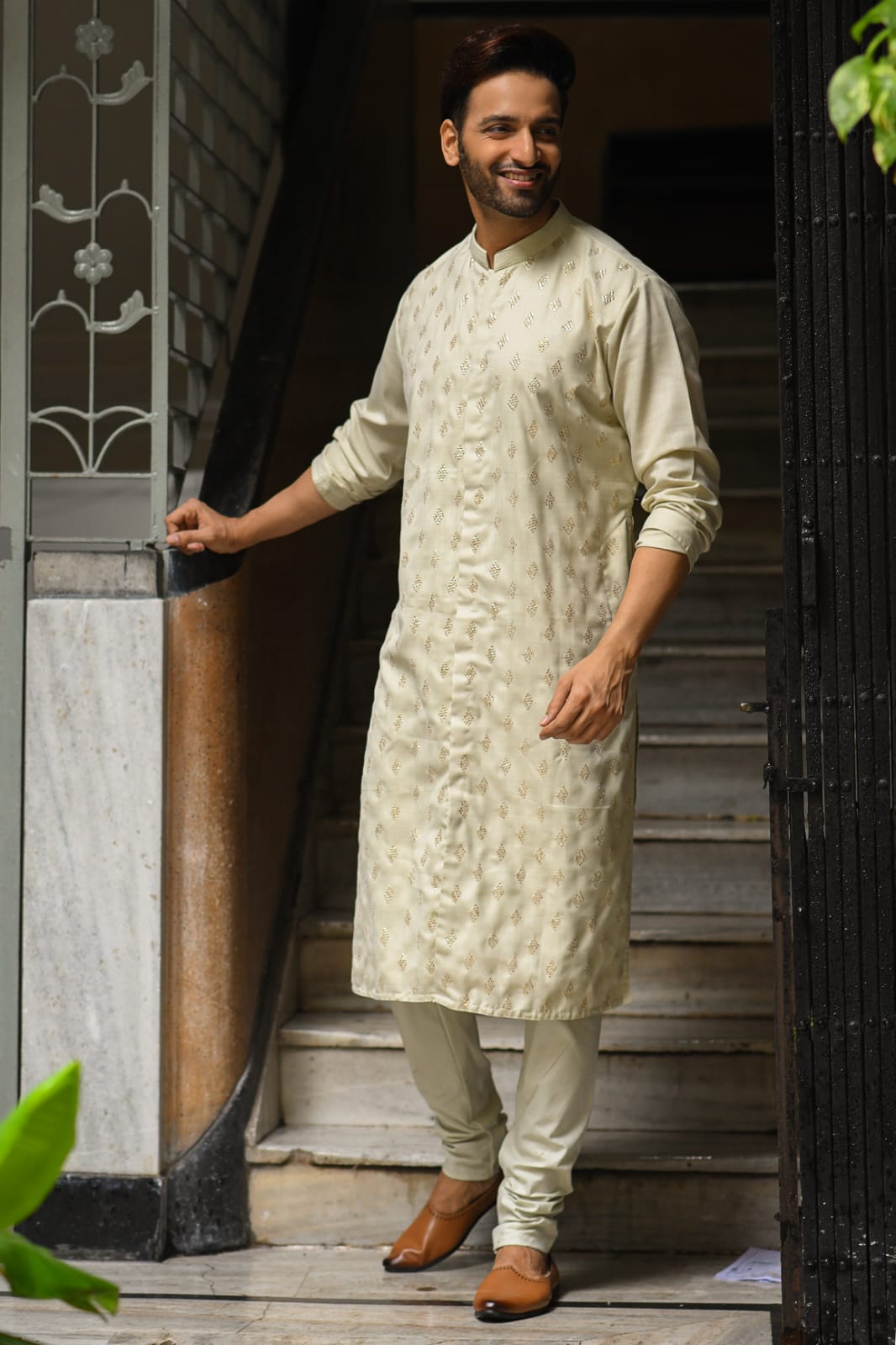 Beidge Sequence Work Front Open Kurta Set