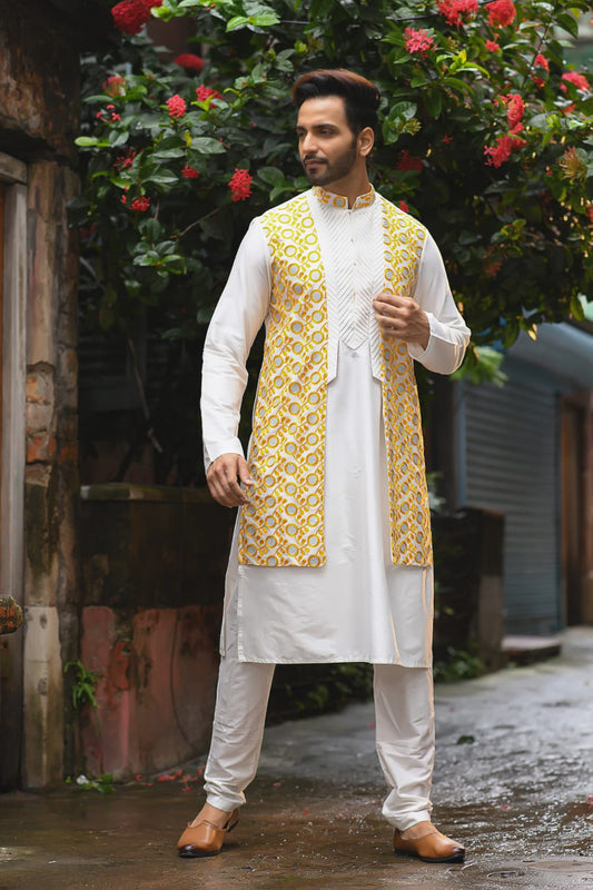 Ivory Heavy Embroidered Open Attached Jacket Kurta Set